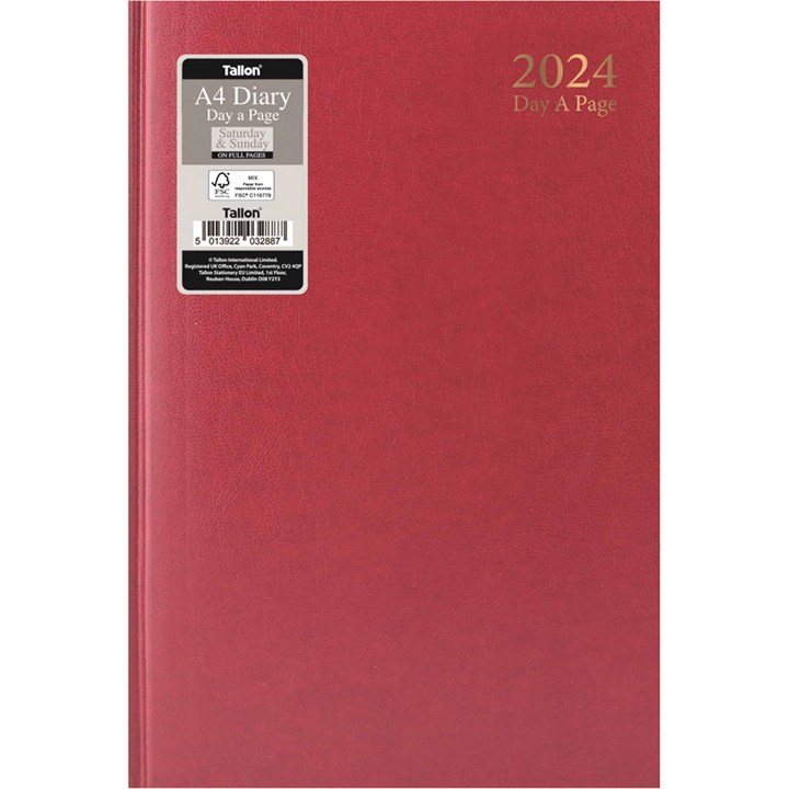 Dark Red Hardback Day To View A4 Diary With Full Weekend 2024