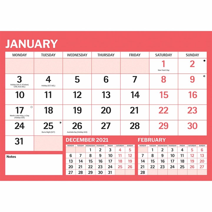 Red & Black Basic A4 Calendar 2022