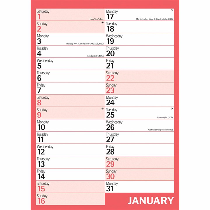 Red & Black Basics A4 Calendar 2022