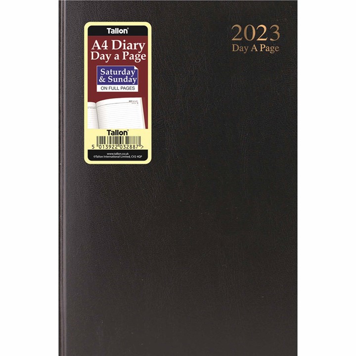 Black Hardback Day-A-Page A4 Diary With Full Weekend 2023