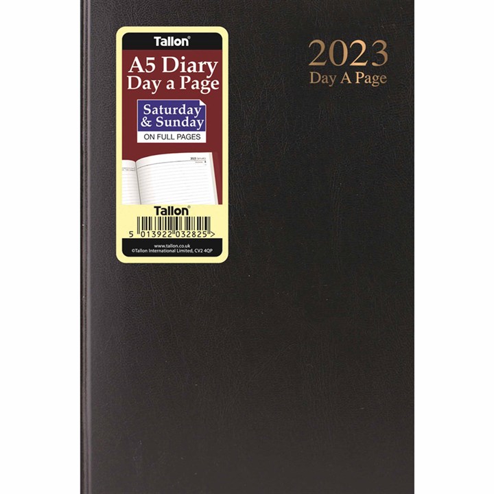 Black Hardback Day-A-Page A5 Diary With Full Weekend 2023