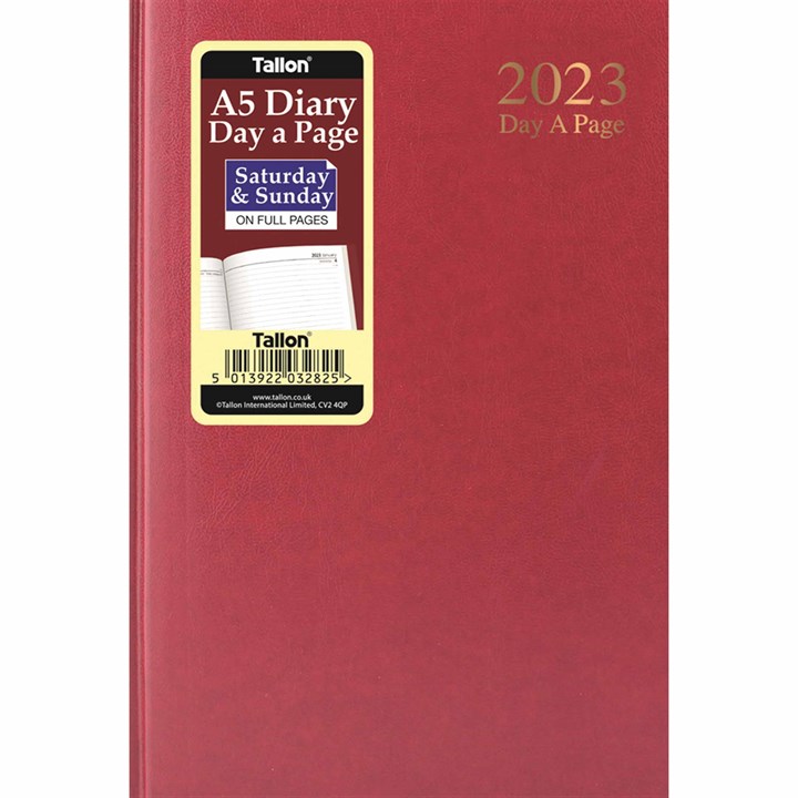 Dark Red Hardback Day-A-Page A5 Diary With Full Weekend 2023
