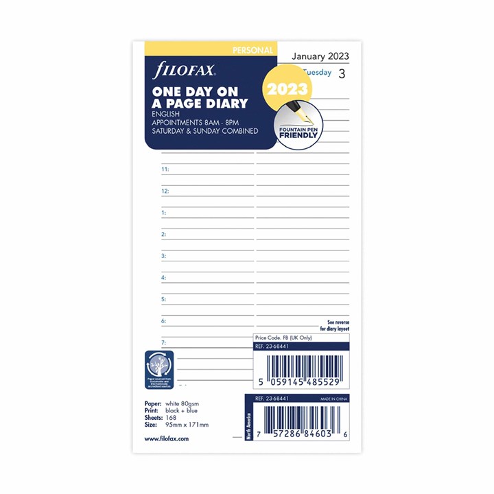 Filofax, Page-A-Day Hourly Personal Refill 2023