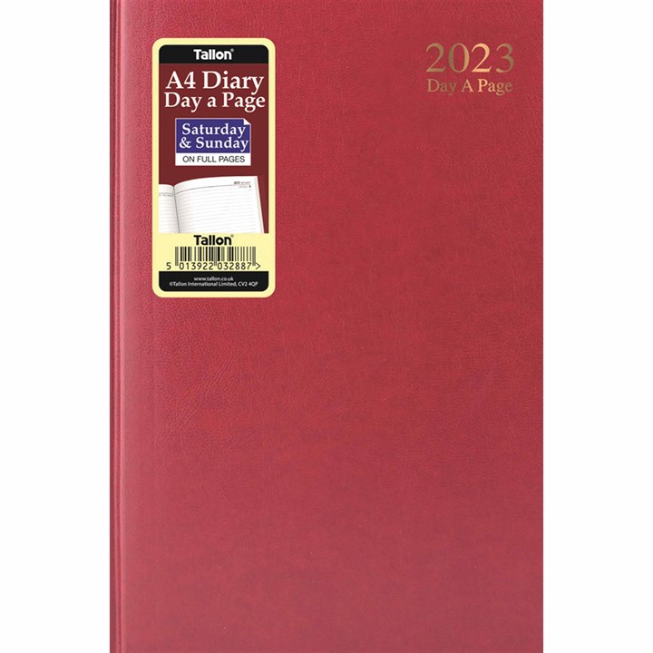 Dark Red Hardback Day-A-Page A4 Diary With Full Weekend 2023