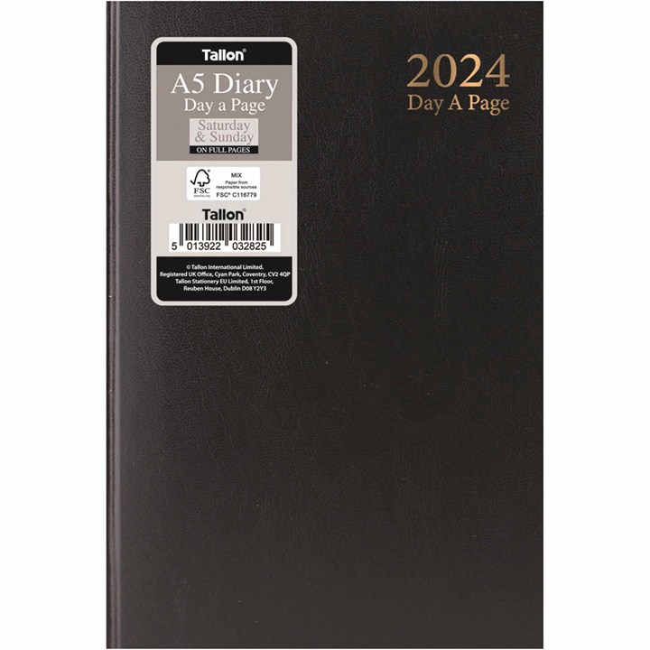 Black Hardback Day To View A5 Diary With Full Weekend 2024