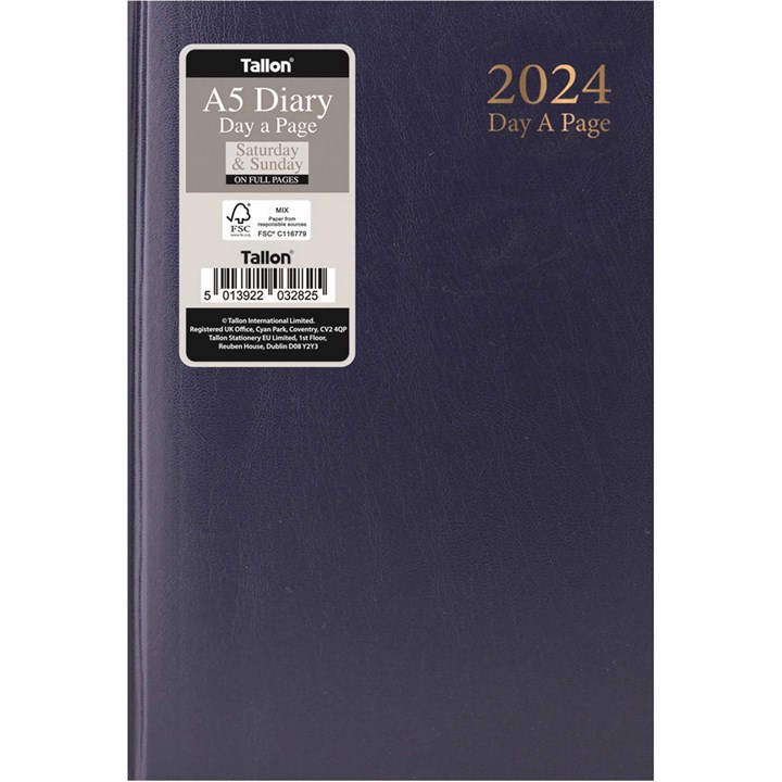 Dark Blue Hardback Day To View A5 Diary With Full Weekend 2024