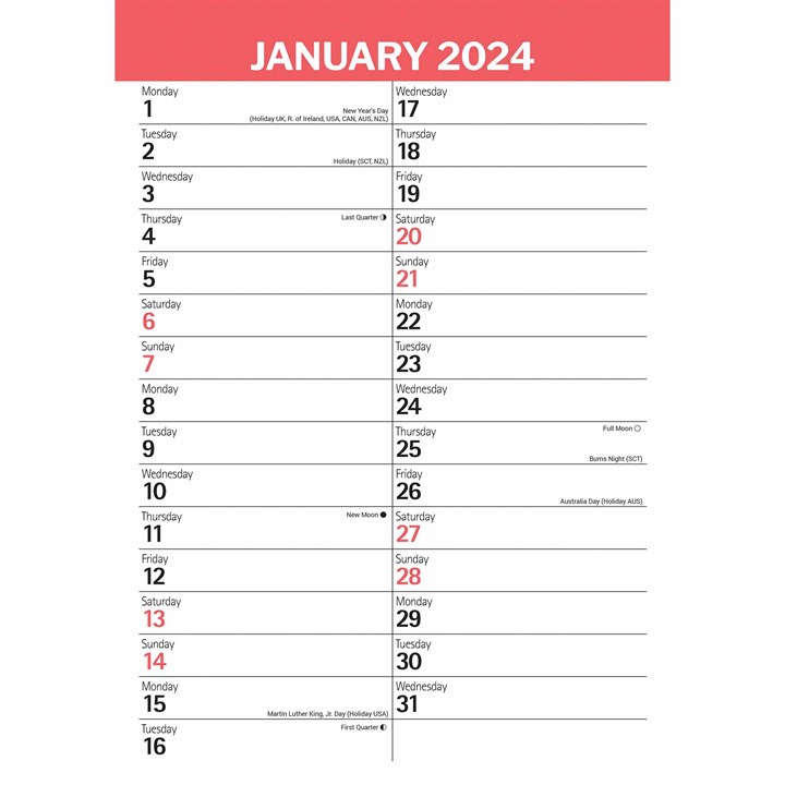 Red & Black Basic A3 Calendar 2024