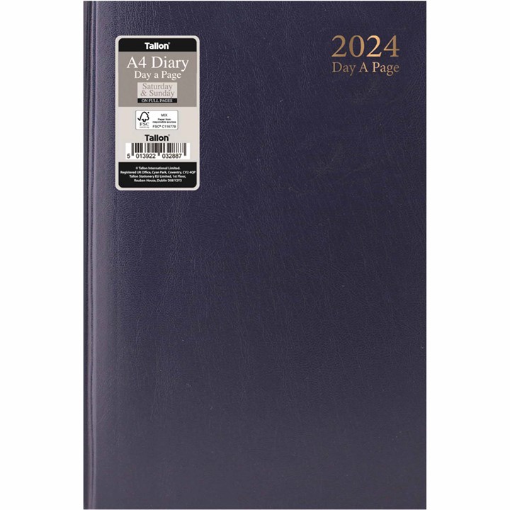 Dark Blue Hardback Day To View A4 Diary With Full Weekend 2024