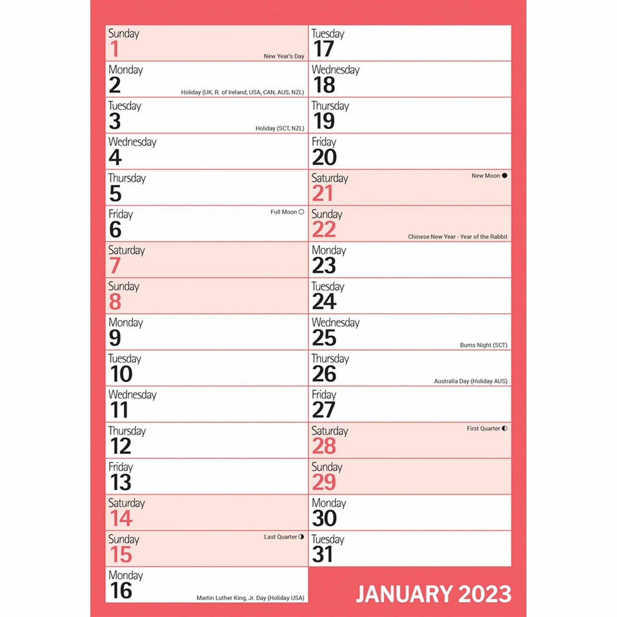 Red & Black Basics A4 2023 Calendars