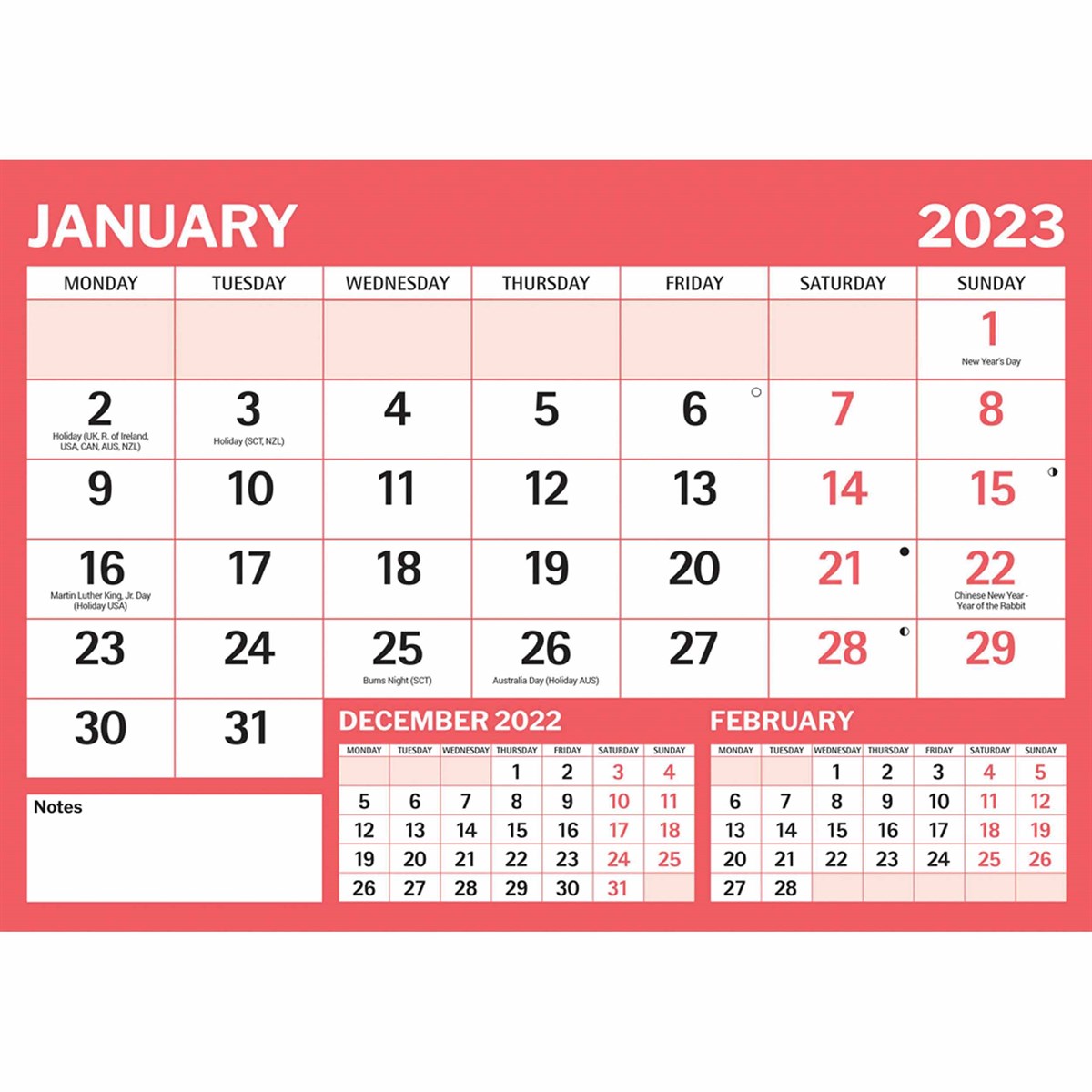 Red & Black Basic A4 2023 Calendars